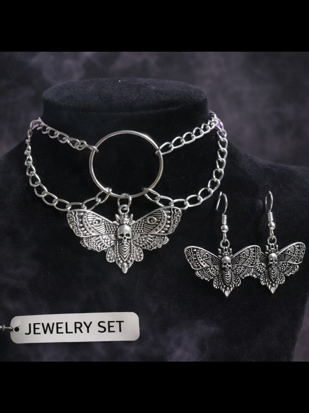 Gothic Skull Moth Jewelry Set Silver Chain Choker Necklace Earrings